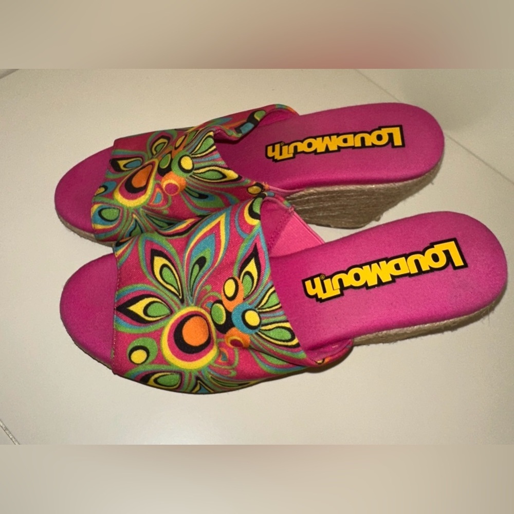 Loudmouth Women Marlene Shagadelic Wedges Sz 6.5M Pink 60s Retro Inspired Fabric - Picture 6 of 14